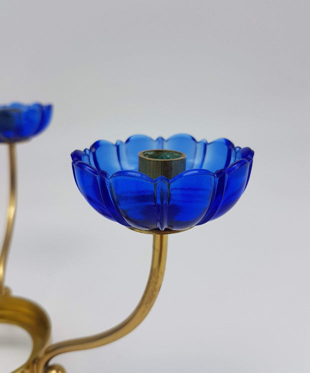 Ystad Metall Lighting Ystad Metall by Gunnar Ander  Modernist Blue Glass and Brass Candelabra | 1950s, Swedish