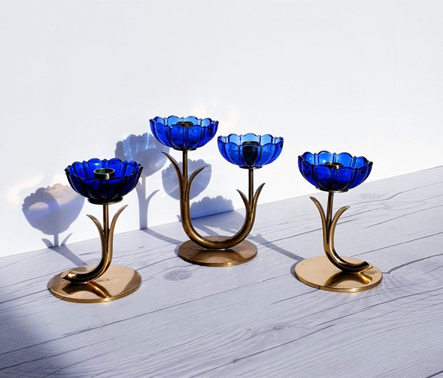 AnyesAttic Lighting Ystad Metall by Gunnar Ander, Set of 3 Modernist Blue Glass and Brass Candleholders | 1950s, Swedish