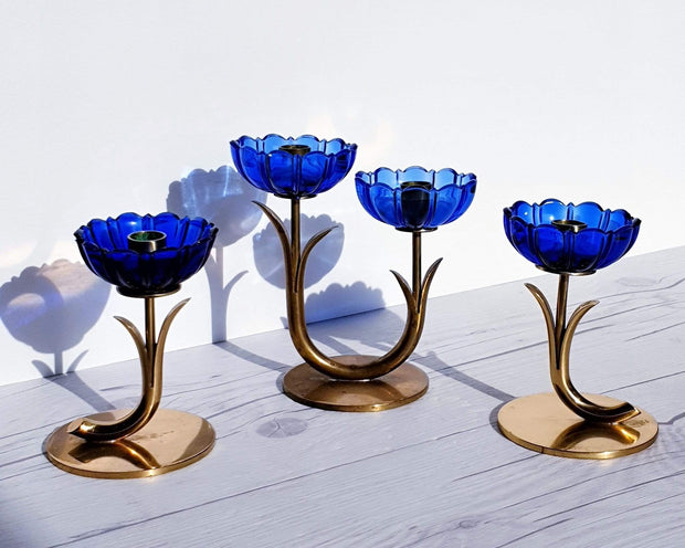 AnyesAttic Lighting Ystad Metall by Gunnar Ander, Set of 3 Modernist Blue Glass and Brass Candleholders | 1950s, Swedish