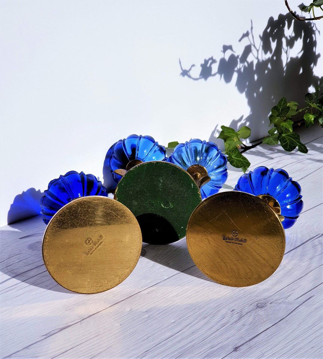 Ystad Metall by Gunnar Ander, Set of 3 Modernist Blue Glass and