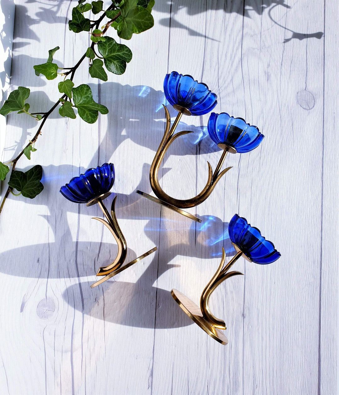 Ystad Metall by Gunnar Ander, Set of 3 Modernist Blue Glass and