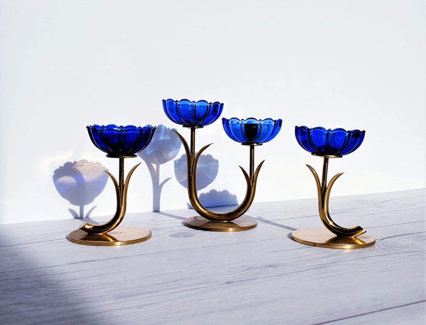 AnyesAttic Lighting Ystad Metall by Gunnar Ander, Set of 3 Modernist Blue Glass and Brass Candleholders | 1950s, Swedish