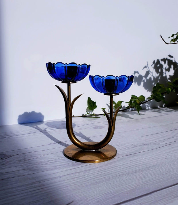 AnyesAttic Lighting Ystad Metall by Gunnar Ander, Set of 3 Modernist Blue Glass and Brass Candleholders | 1950s, Swedish