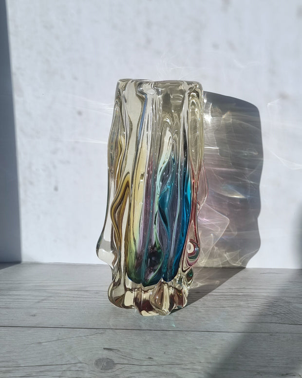 Sanyu Glassworks Narumi Fantasy Series Rainbow Sommerso Trailing Rain Statement Vase, 60s-70s