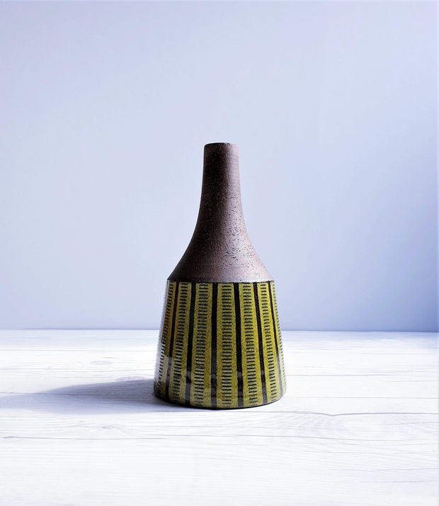 AnyesAttic Ceramic 1960s-70 Swedish Studio Pottery, Chocolate Lime Palette, Sgraffito Earthenware Bottle Vase