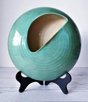 AnyesAttic Ceramic 1960s-70s Dutch Studio Pottery UFO Discus in Pale Turquoise Ikebana Vase