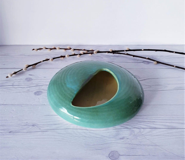 AnyesAttic Ceramic 1960s-70s Dutch Studio Pottery UFO Discus in Pale Turquoise Ikebana Vase