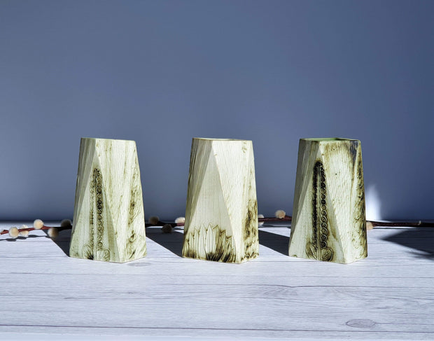 AnyesAttic Ceramic 1970s Carn Pottery by John Beusmans Set of 3 Textured Cream, Green and Blue Faceted Ceramic Vases