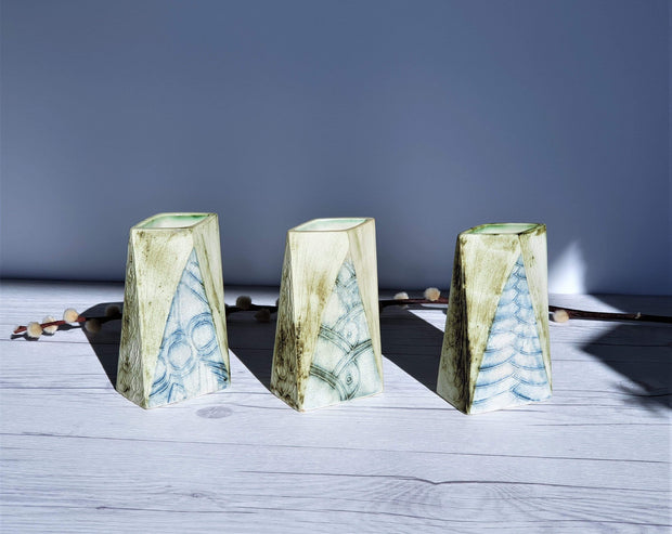 AnyesAttic Ceramic 1970s Carn Pottery by John Beusmans Set of 3 Textured Cream, Green and Blue Faceted Ceramic Vases
