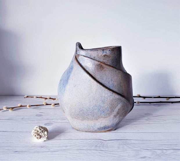 AnyesAttic Ceramic 1970s Expressive Studio Pottery, Contemporary Sculpted Stoneware Vase in Blue-Grey Granite Glaze