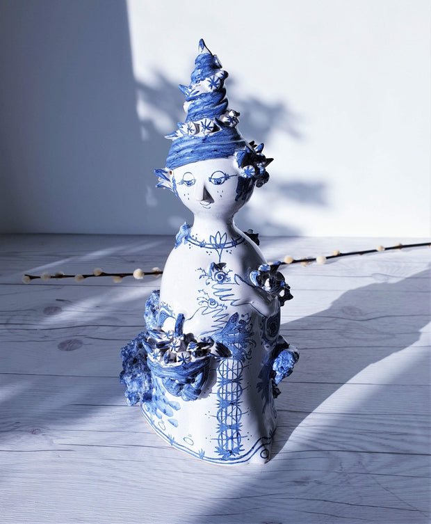 AnyesAttic Ceramic 1976 Bjorn Wiinblad, Moster Ella 'Aunt Ella' Series, M18 Blue on White Ceramic Sculpture | Danish