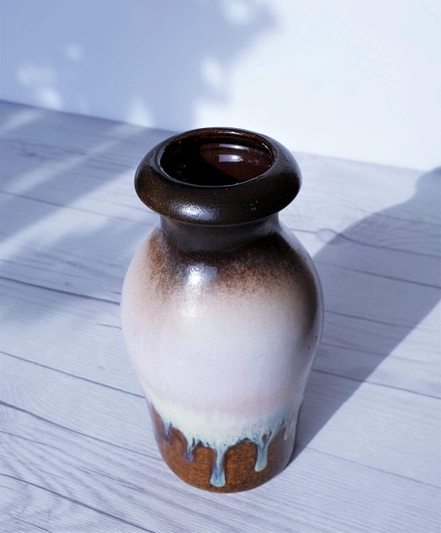 AnyesAttic Ceramic 70s West German Pottery Scheurich, Chestnut Marble, Pale Blue, Latte Drip Glaze Ceramic Bottle Vase