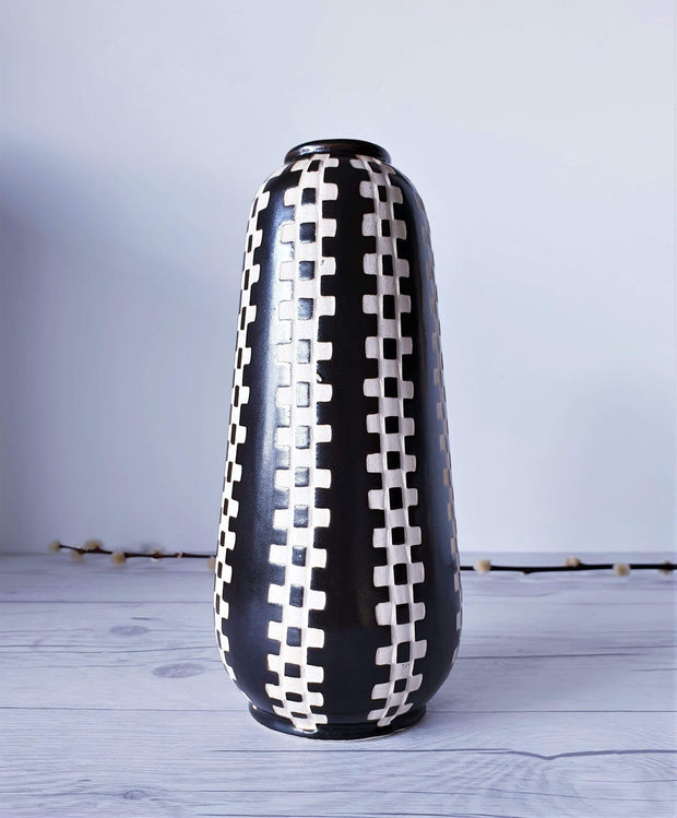 AnyesAttic Ceramic Anton Piesche, Ivory on Black Geometric Sgraffito Ceramic Vase | 1960s - 1970s, Rare