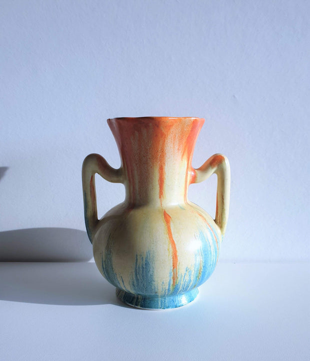 AnyesAttic Ceramic Art Deco Empire Ware, Flamingo Series: Blue, Yellow and Orange Drip Glaze Vase, 1930s, British