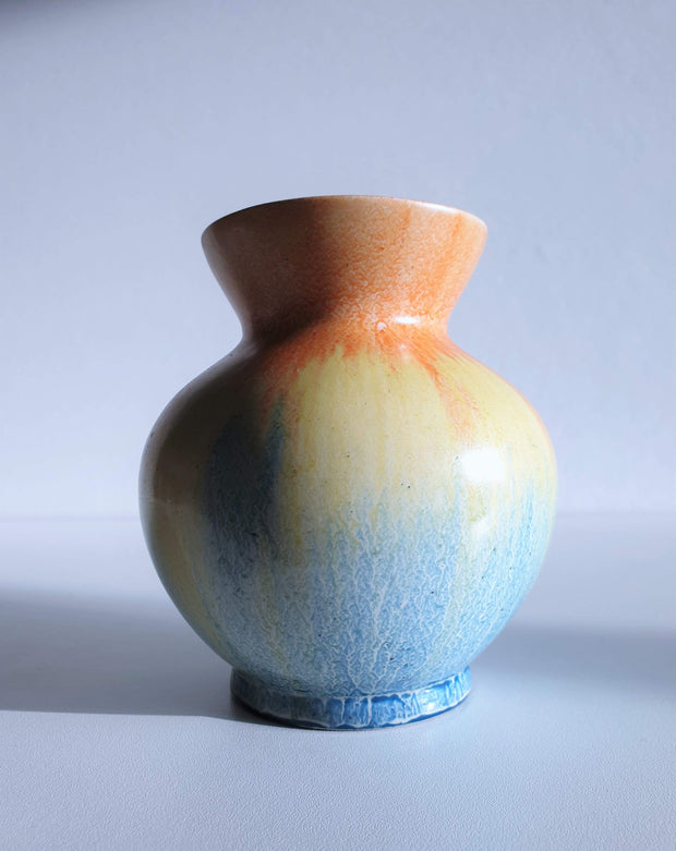 AnyesAttic Ceramic Art Deco Empire Ware 'Flamingo' Series Blue, Yellow, Orange Dripware Posy Ceramic Vase, 1930s, British