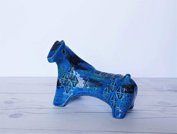 AnyesAttic Ceramic Bitossi, Rimini Blu Series by Aldo Londi, Modernist Horse Sculpture in Persiano Blue Glaze