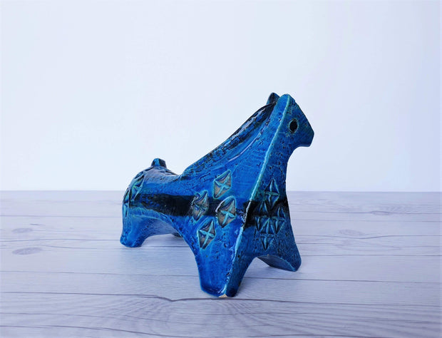 AnyesAttic Ceramic Bitossi, Rimini Blu Series by Aldo Londi, Modernist Horse Sculpture in Persiano Blue Glaze