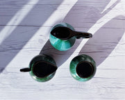 AnyesAttic Ceramic Blue Mountain Pottery 3 Piece Set in 'Boreal Forest' Green and Black Glaze Dripware, 1970s, Canadian