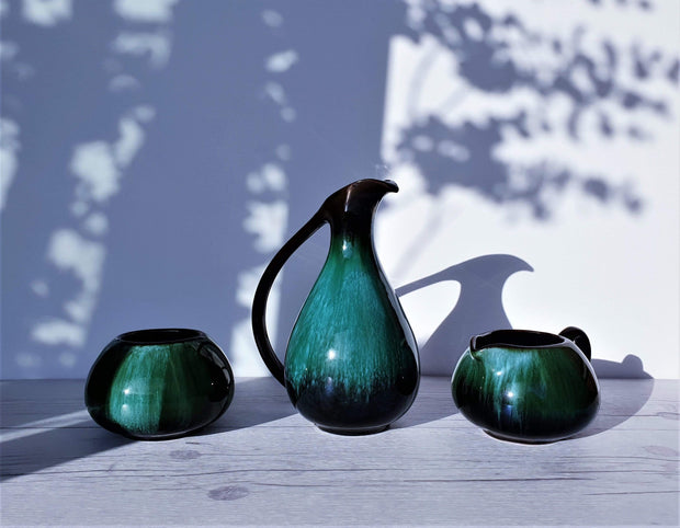 AnyesAttic Ceramic Blue Mountain Pottery 3 Piece Set in 'Boreal Forest' Green and Black Glaze Dripware, 1970s, Canadian