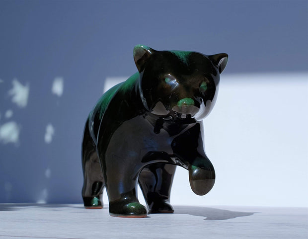 AnyesAttic Ceramic Blue Mountain Pottery Walking Bear Sculpture in Green and Black Glaze Drip Ware, 1970s, Canadian