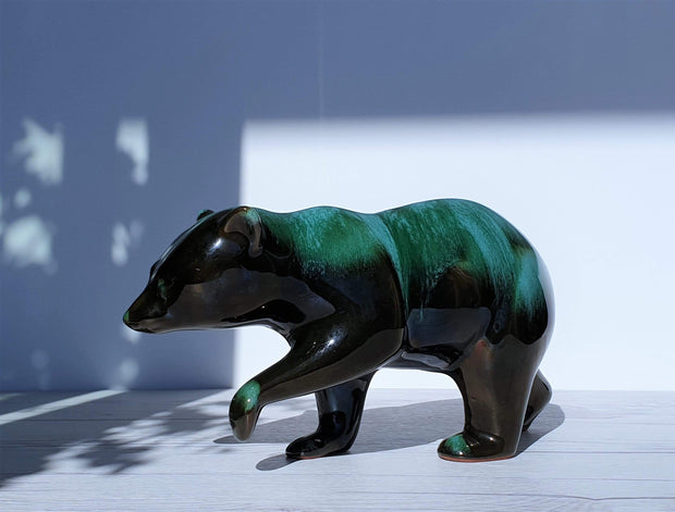 AnyesAttic Ceramic Blue Mountain Pottery Walking Bear Sculpture in Green and Black Glaze Drip Ware, 1970s, Canadian