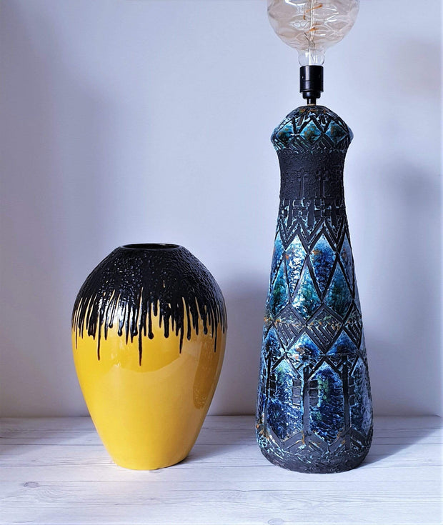 AnyesAttic Ceramic Emons & Sohne | ES Keramik Black Fat Lava and Yellow Ceramic Statement Floor Vase | 1960s-70s