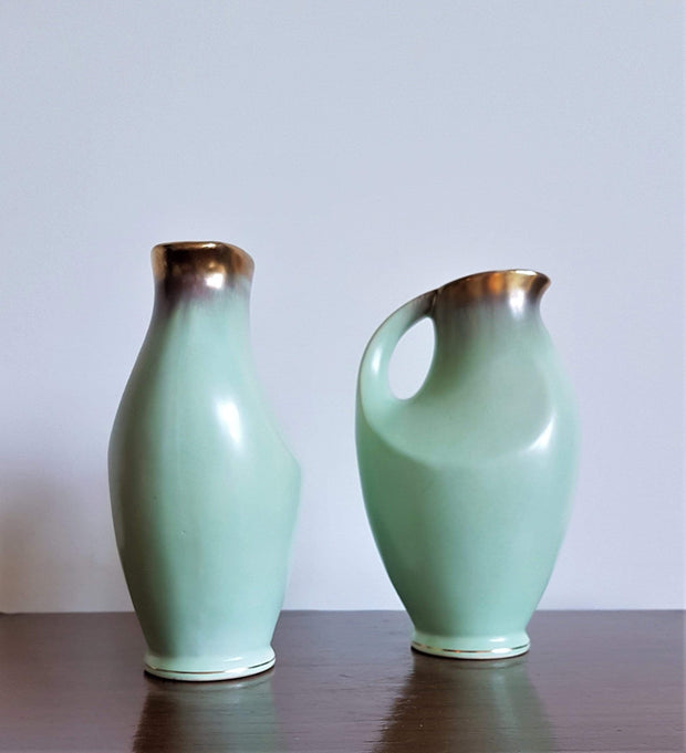 AnyesAttic Ceramic Fohr Keramik, Pair of Pale Green and Gold Trim Sculpted Ceramic Pitcher Vases, 1950s - 60s, W German