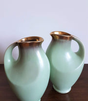 AnyesAttic Ceramic Fohr Keramik, Pair of Pale Green and Gold Trim Sculpted Ceramic Pitcher Vases, 1950s - 60s, W German