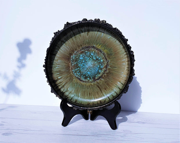 AnyesAttic Ceramic Glit Pottery, Iceland, REAL Lava 'Fat Lava' in Rare Slate Blue Glaze Ceramic Shallow Bowl, 1970s