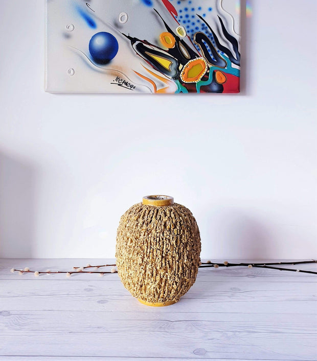 AnyesAttic Ceramic Gunnar Nylund for Rorstrand, Chamotte 'Hedgehog' Series Deep Gold Sculpted Vase | 1940s-50s, Swedish