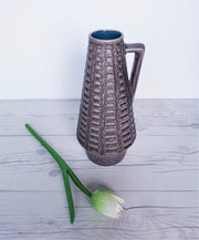 AnyesAttic Ceramic Jlkra (Ilkra) Textured 'Scales' Decor Blue Mocha Glaze Ceramic Pitcher Vase, 1970s, West German