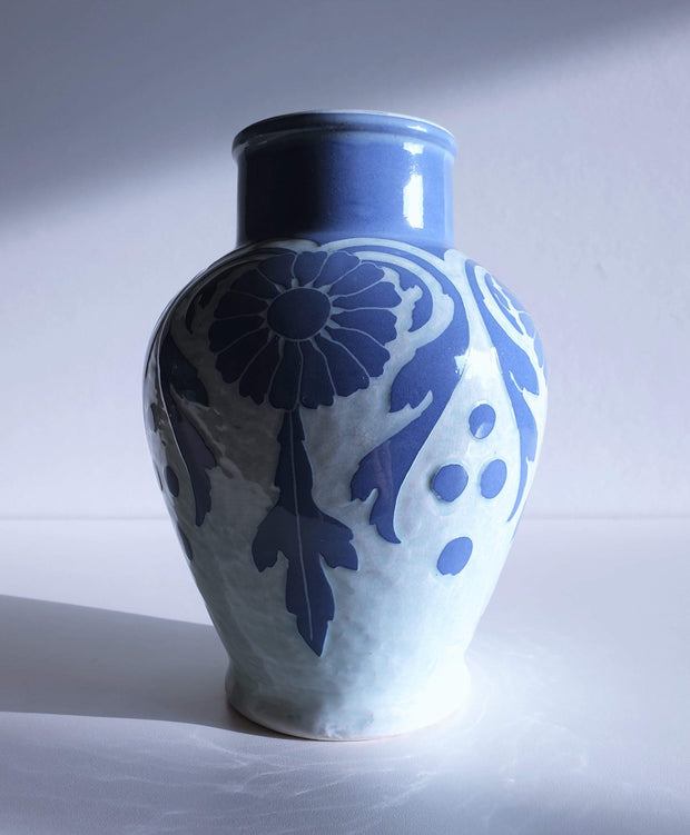 AnyesAttic Ceramic Josef Ekberg, 'Sgraffito' for Gustavsberg, 1909 Swedish Art Nouveau Floral Blue Ceramic Vase
