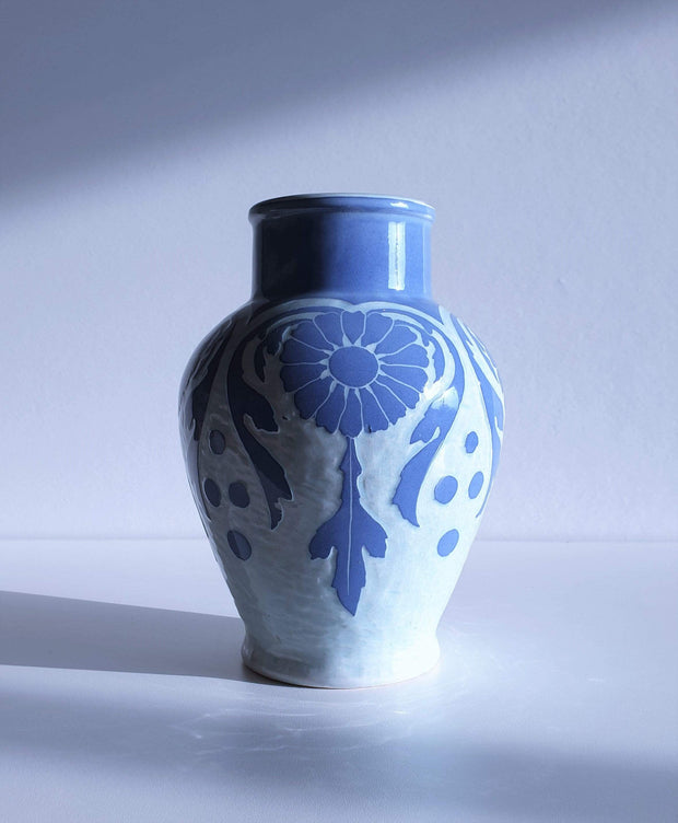AnyesAttic Ceramic Josef Ekberg, 'Sgraffito' for Gustavsberg, 1909 Swedish Art Nouveau Floral Blue Ceramic Vase