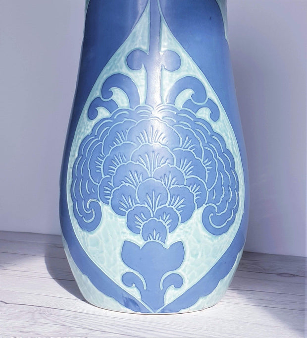 AnyesAttic Ceramic Josef Ekberg, 'Sgraffito' for Gustavsberg, 1921 Swedish Art Nouveau Floral Blue Floor Vase