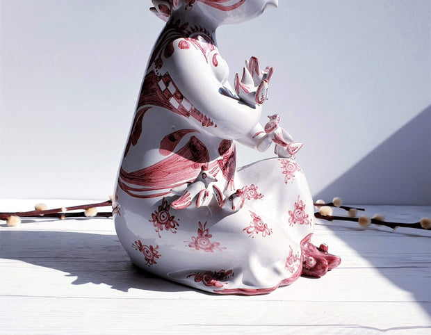 AnyesAttic Ceramic Kintsugi |1977 Bjorn Wiinblad, Lady with Songbirds, Red on White Ceramic Sculpture | Danish, Rare