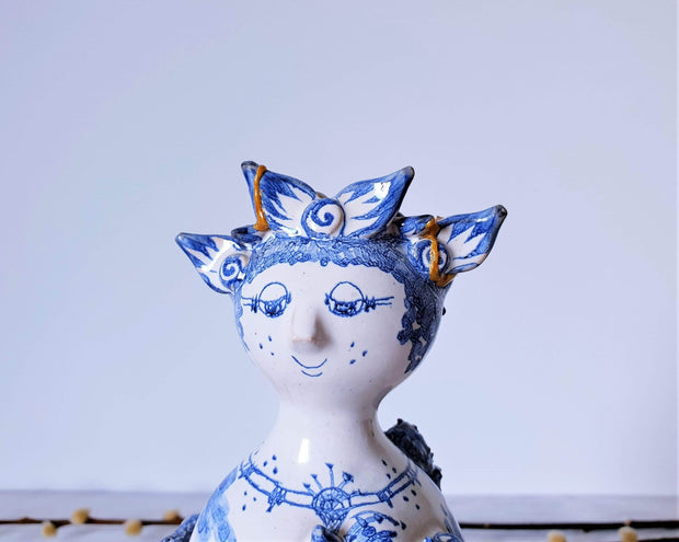 AnyesAttic Ceramic Kintsugi |1977 Bjorn Wiinblad, Moster Ella 'Aunt Ella' Series, M10 Blue on White Ceramic Sculpture