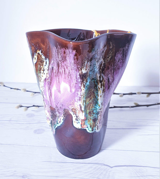 AnyesAttic Ceramic Kintsugi | Vallauris France, Cherry Chocolate and 'Fluorite' Palette Running Lava Vase | 1960-70s