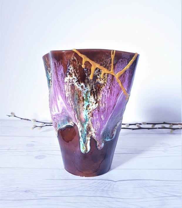 AnyesAttic Ceramic Kintsugi | Vallauris France, Cherry Chocolate and 'Fluorite' Palette Running Lava Vase | 1960-70s