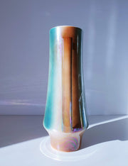 AnyesAttic Ceramic Mid Century Art Deco, Teal Green and Sienna Iridescent Lustre Glaze Pitcher Vase, 1960s - 70s