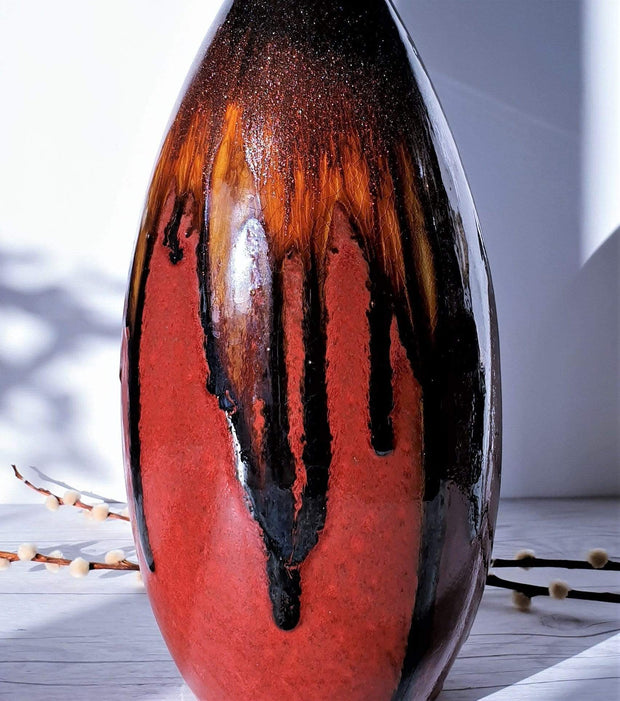AnyesAttic Ceramic Modernist Studio, Flame Palette Running Glaze Bullet Ceramic Vase | West German