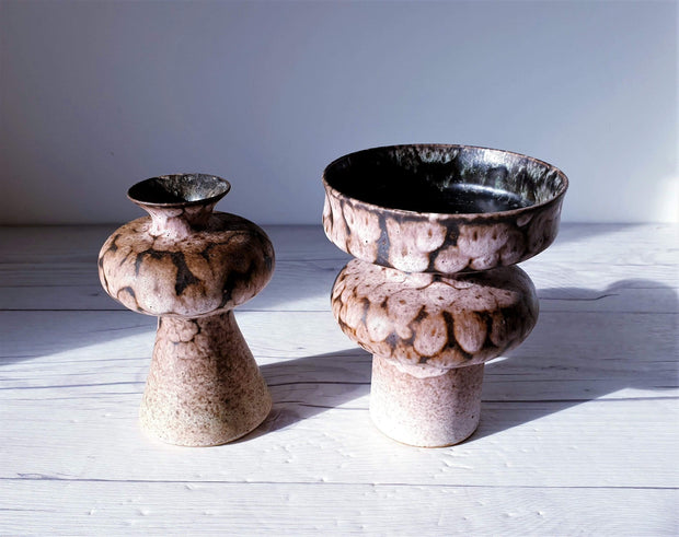 AnyesAttic Ceramic Pair of 1950s Albert Kiessling Keramik 'Choco Milk' Textured Foam Lava Glaze Mini Vases | Rare