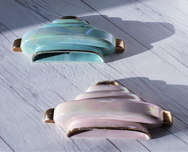 AnyesAttic Ceramic Sadler Art Deco Pair of Pink and Pale Mint Iridescent Lustre Wall Pockets | British, 1940s-50s