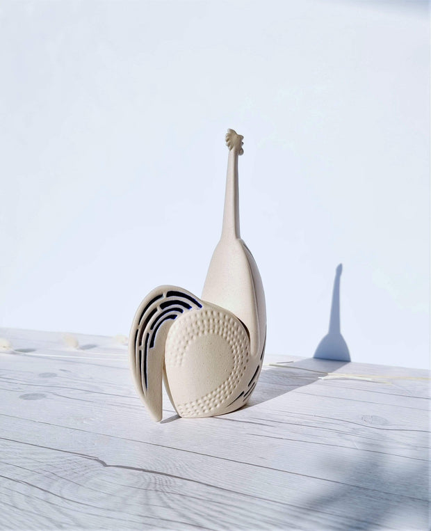 AnyesAttic Ceramic Scandinavian Studio Pottery, Mid-Century Sculptural Abstract Chicken Bisque Ceramic Figure