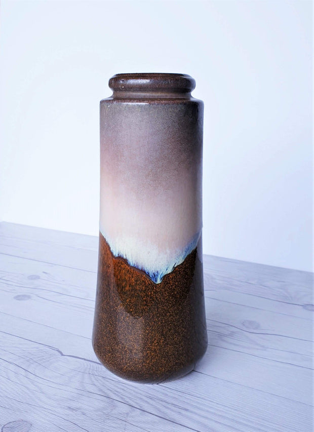 AnyesAttic Ceramic Scheurich Keramik, Chestnut Marble, Pale Blue, Foam Drip Glaze Ceramic Column Vase, W. German, 1970s