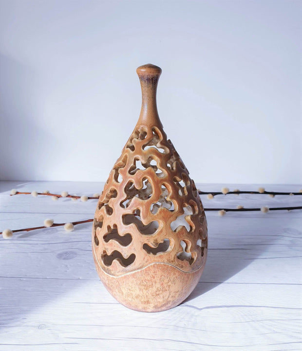 AnyesAttic Ceramic Vintage Henrik Knudsen, Bornholm Studio Pottery Hare's Fur Glaze Teardop Candleholder | Danish