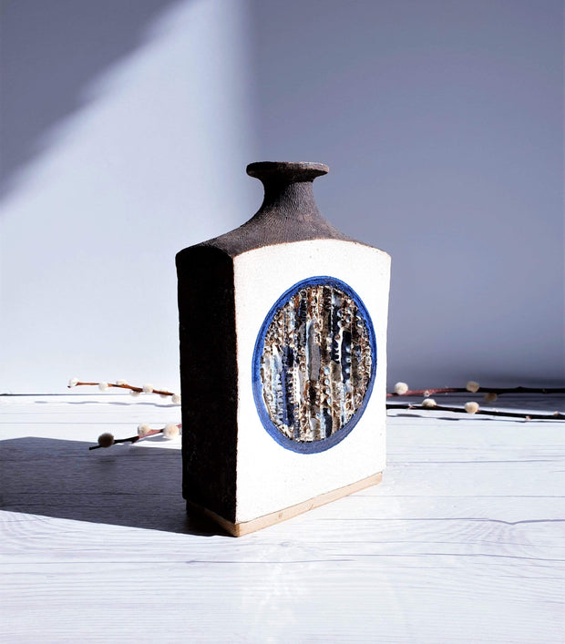 AnyesAttic Ceramic Vintage Studio Pottery, Contemporary Textured Relief, Contrast Glazed Slab Flask Vase | 1990s