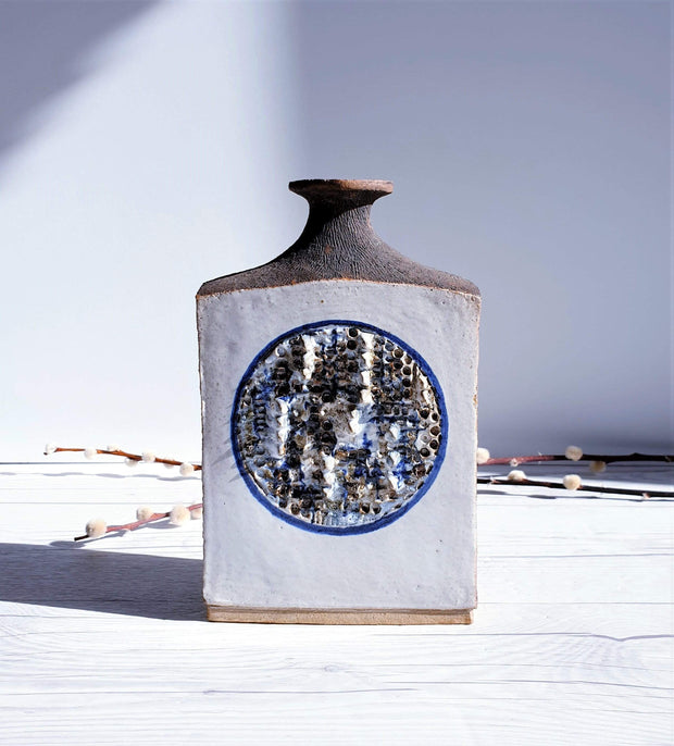 AnyesAttic Ceramic Vintage Studio Pottery, Contemporary Textured Relief, Contrast Glazed Slab Flask Vase | 1990s