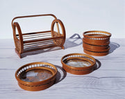 AnyesAttic Curio 1970s Japanese Set of 5 Woven Bamboo and Rattan, Butterfly Coasters and Storage Caddy