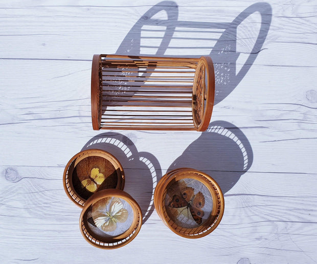 AnyesAttic Curio 1970s Japanese Set of 5 Woven Bamboo and Rattan, Butterfly Coasters and Storage Caddy