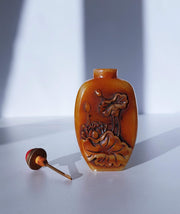 AnyesAttic Curio Early 20th Cen. Chinese Soapstone Zhusha Bottle and Seal with Carved Lotus and Lily Pad Relief